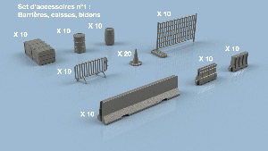 Set d’accessoires n°1 : Barrières, caisses, bidons 1/144 x100 - impression 3D