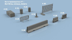 Set d’accessoires n°1 : Barrières, caisses, bidons 1/350 x245 - impression 3D